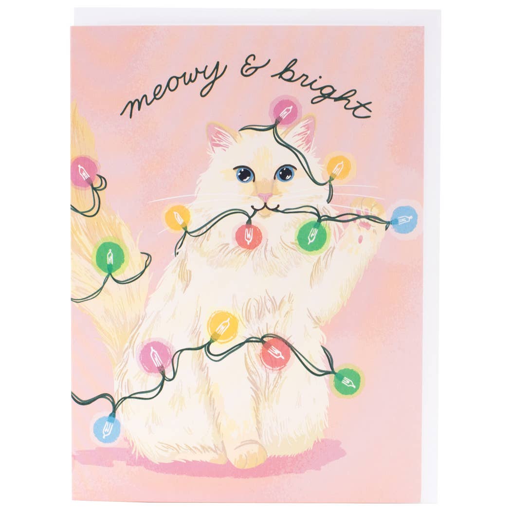 Greeting Card - Fluffy Cat & Twinkle Lights Holiday