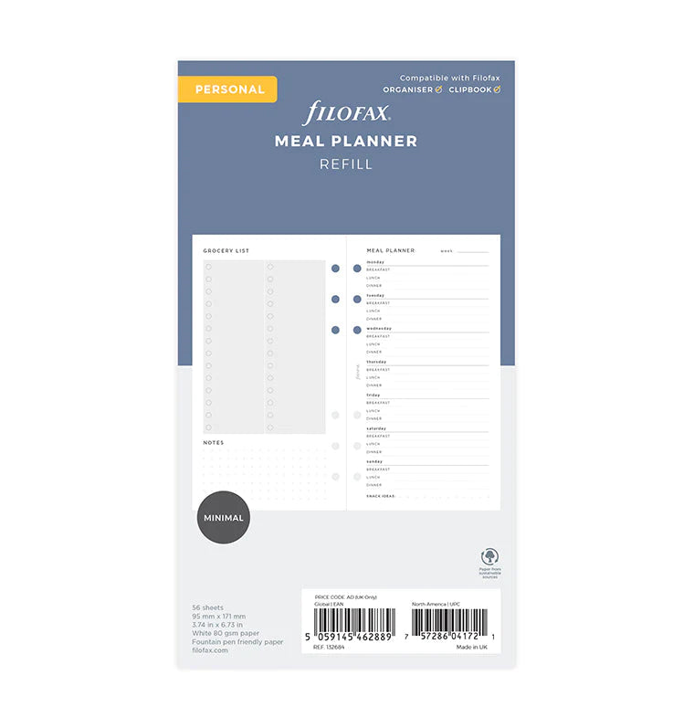 Filofax Refill - Personal Meal Planner - White