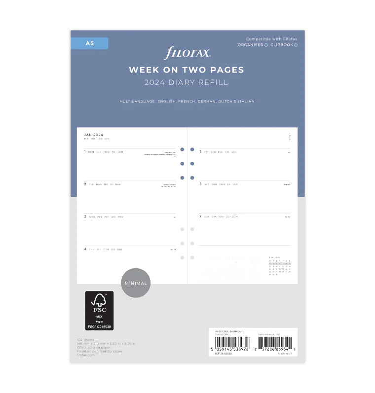 Filofax Refill - 2024 A5 Dated Minimal Week To View - White