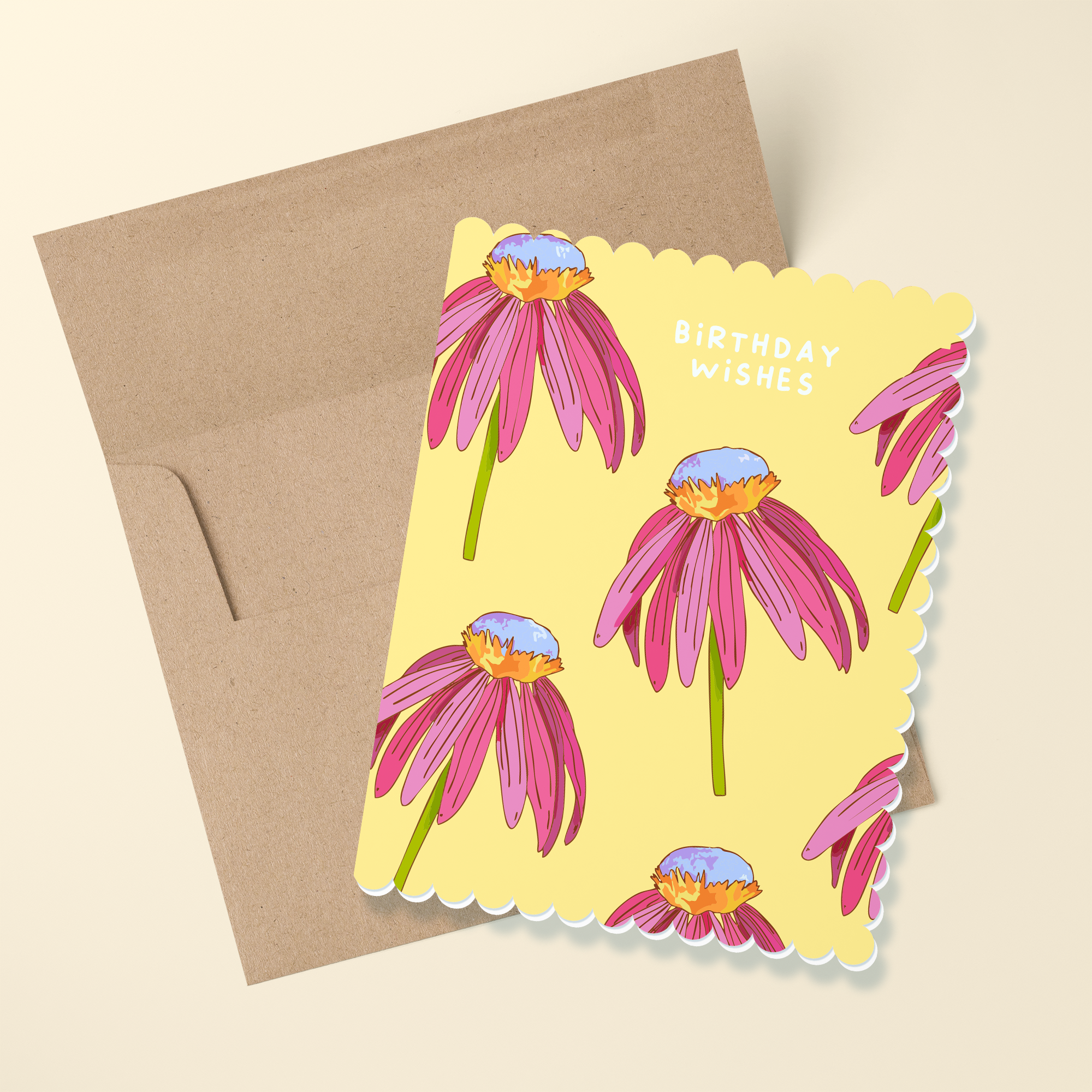 Greeting Card - Birthday Wishes Scalloped Edge Cone Flower