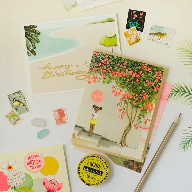 JooJoo Paper Greeting Card - Girl Under Vines Birthday