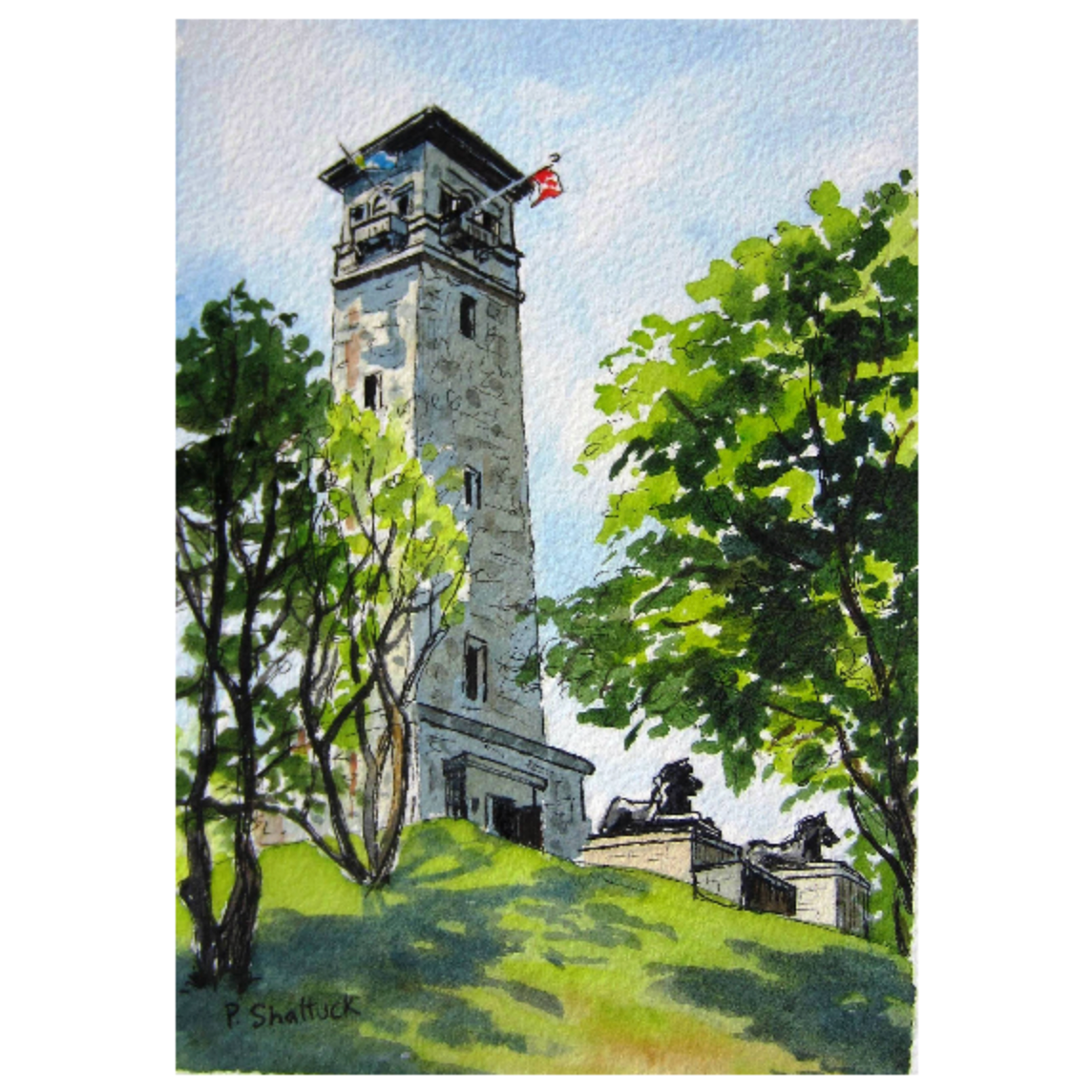 Pat Shattuck Greeting Card - The Dingle Tower and Lions, Halifax