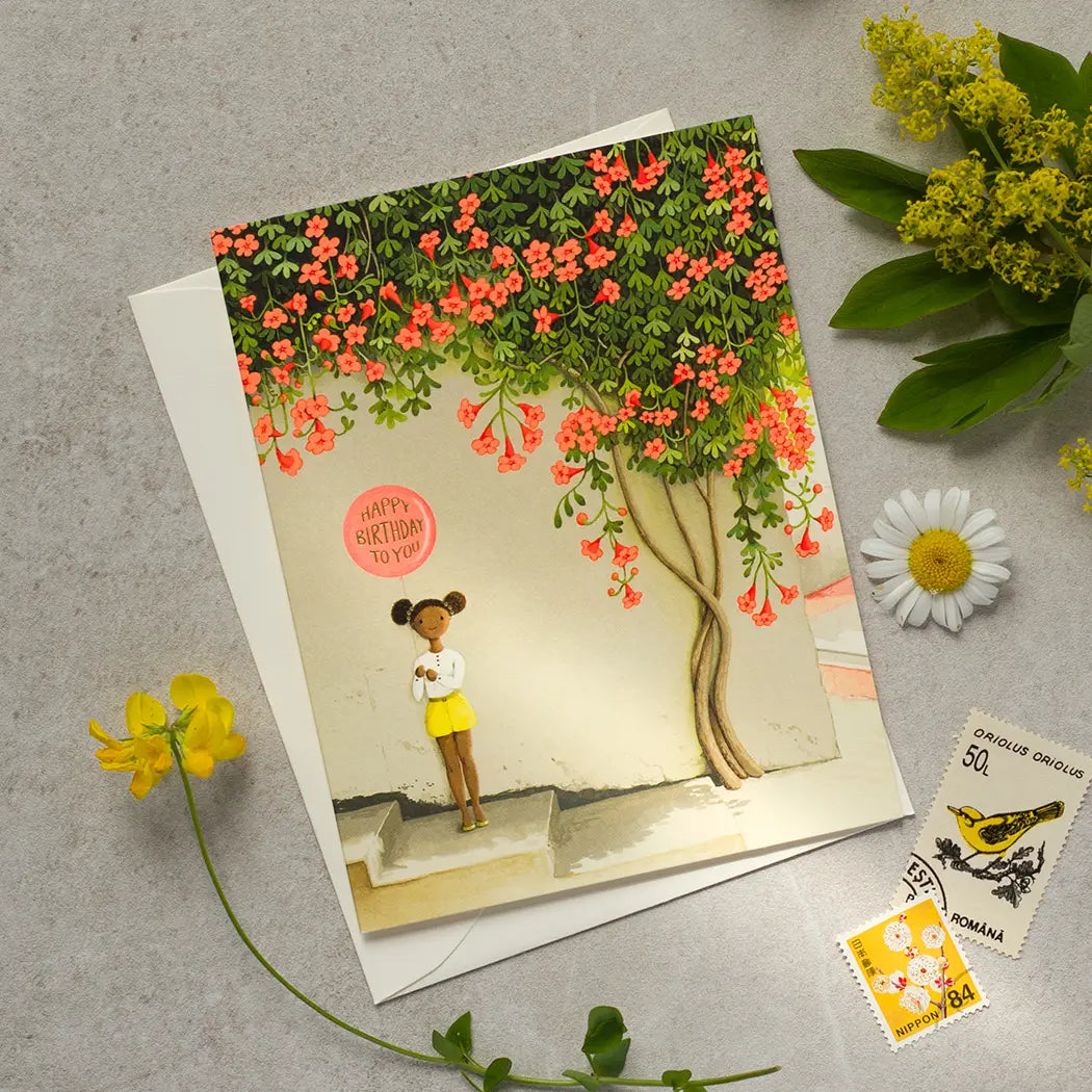 JooJoo Paper Greeting Card - Girl Under Vines Birthday