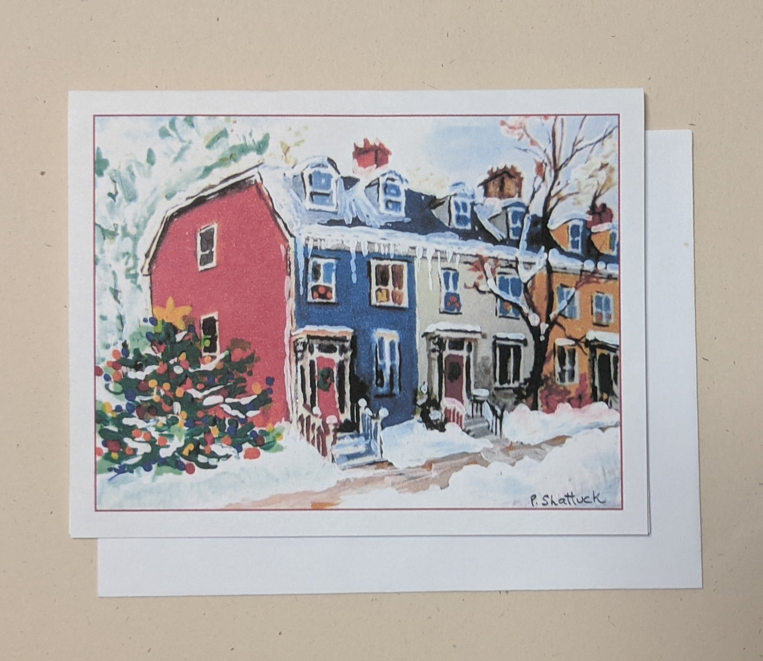 Pat Shattuck Holiday Card - Victoria Road, Halifax - Colourful Houses & Tree